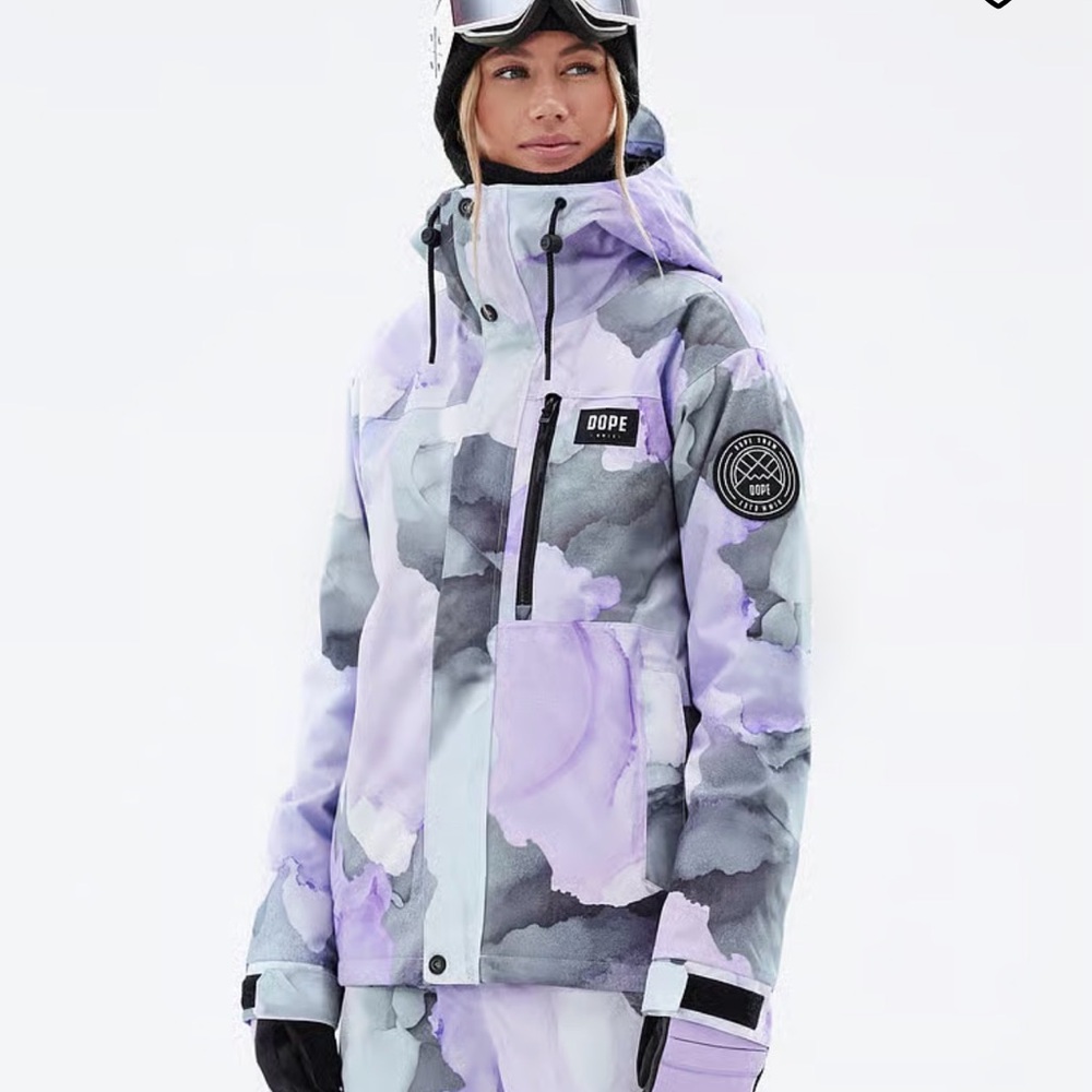 DOPE Women's Ski Jacket in Lavender, Light Gray & Black Camouflage